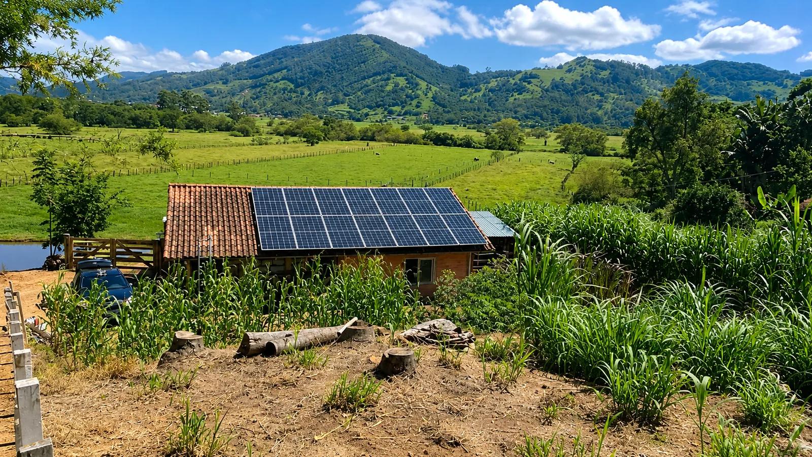 Instalação fotovoltaica rural em Gravatal, com lavoura ao redor